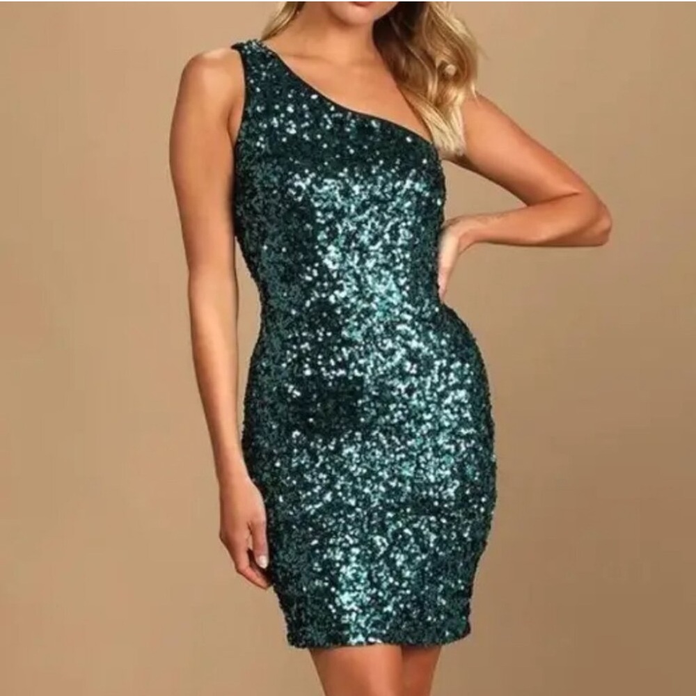NWT LuLu’s Teal One Shoulder Sequin Body Con Mini Dress Size XS